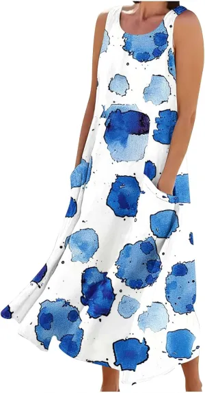 Summer Dresses for Women 2025 Cotton Linen Maxi Tank Dress Fashion Floral Beach Sundresses Spring Boho Outfits with Pockets