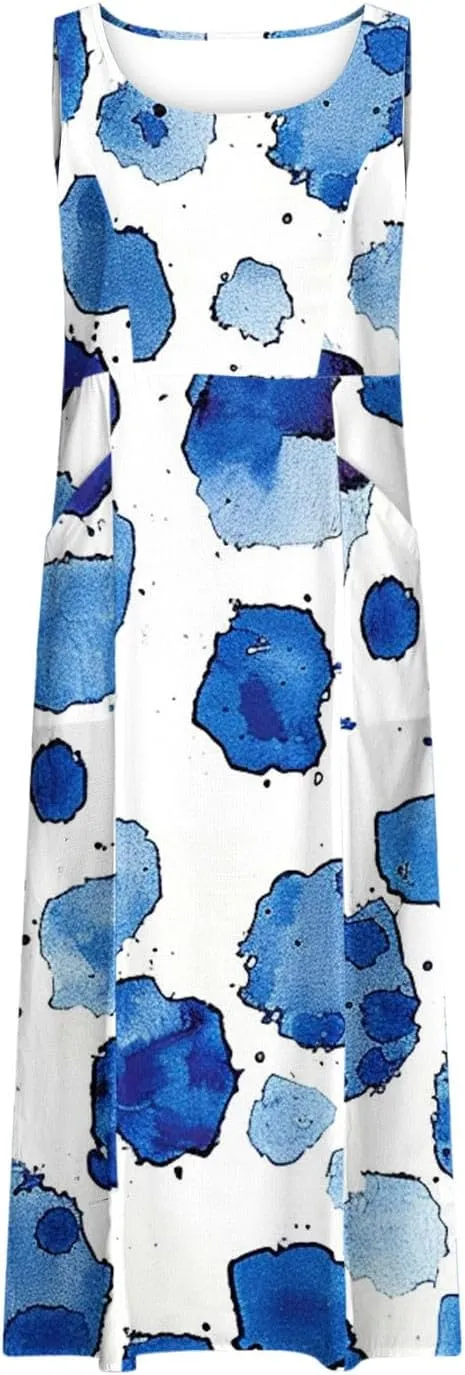 Summer Dresses for Women 2025 Cotton Linen Maxi Tank Dress Fashion Floral Beach Sundresses Spring Boho Outfits with Pockets