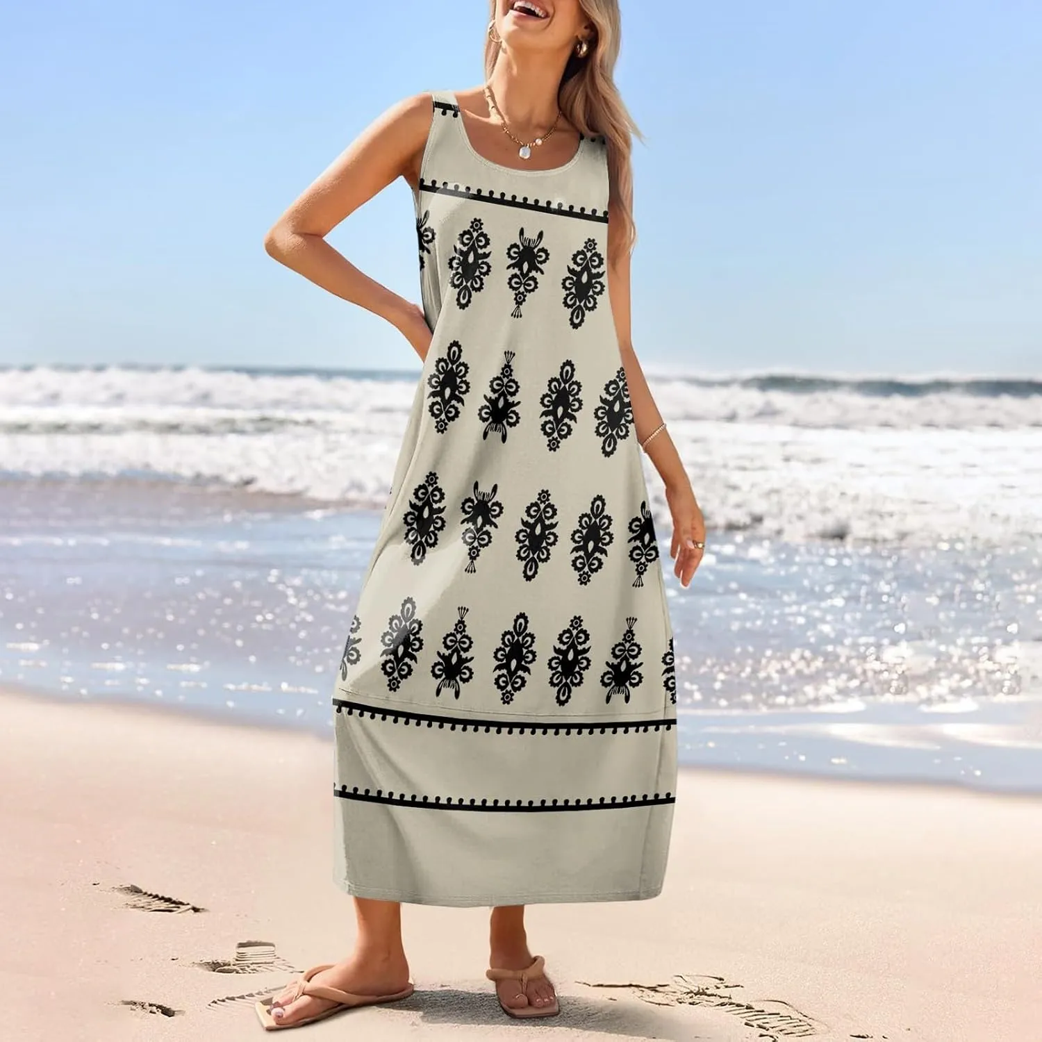 Summer Dresses for Women 2025 Sleeveless Bohemian Maxi Dress with Pockets Floral Print Maxi Sundress Beach Vacation