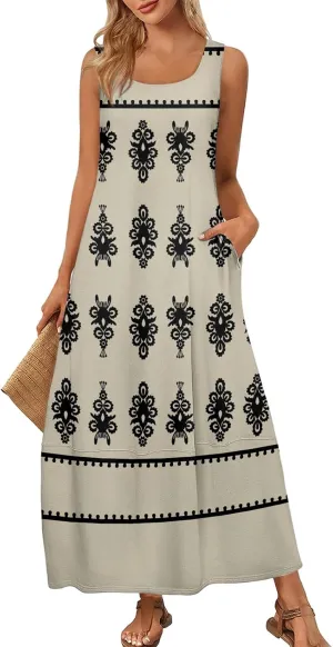 Summer Dresses for Women 2025 Sleeveless Bohemian Maxi Dress with Pockets Floral Print Maxi Sundress Beach Vacation