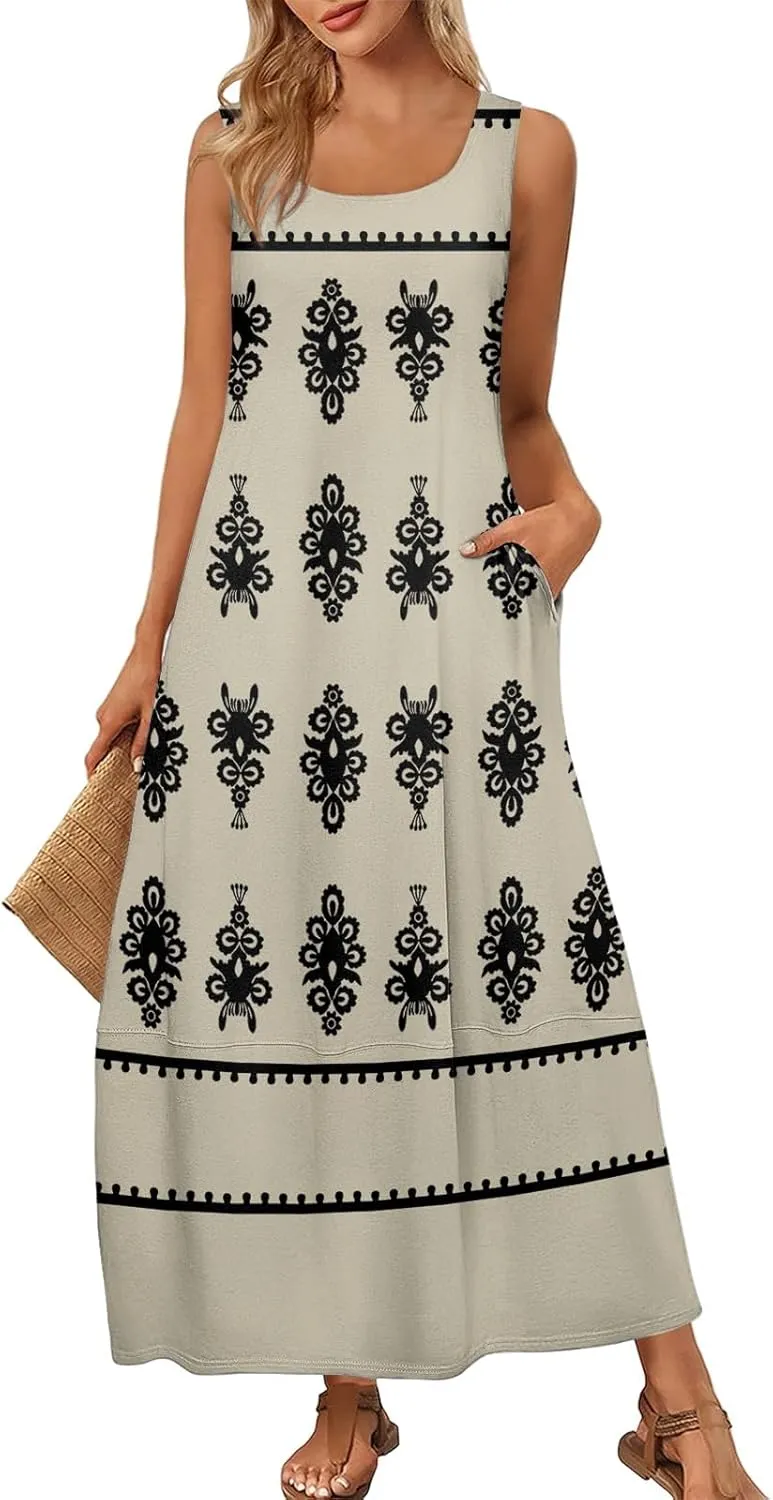 Summer Dresses for Women 2025 Sleeveless Bohemian Maxi Dress with Pockets Floral Print Maxi Sundress Beach Vacation