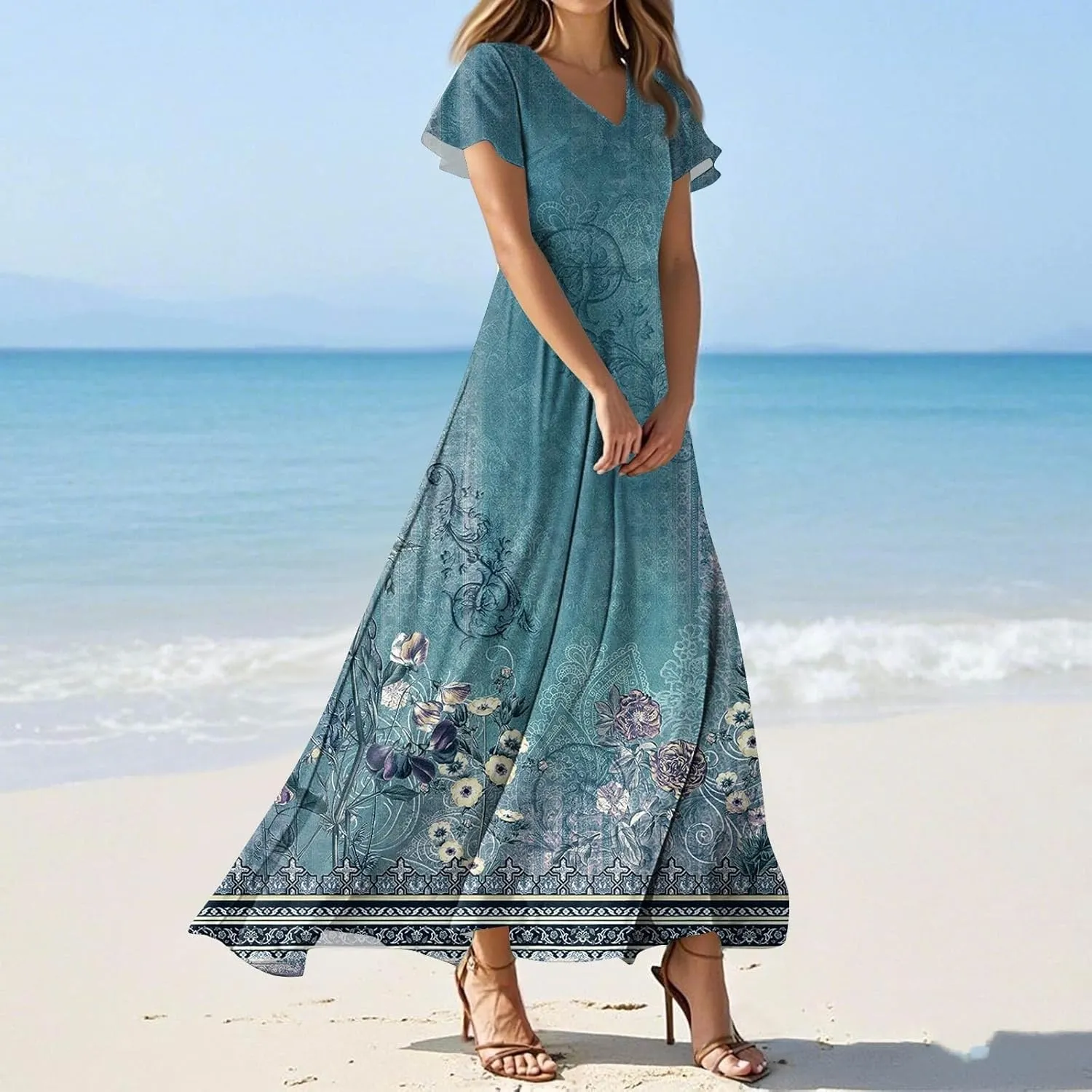 Summer Dresses for Women Floral A-Line Midi Dress Casual Short Sleeve V Neck Flowy Hawaiian Boho Beach Sundresses