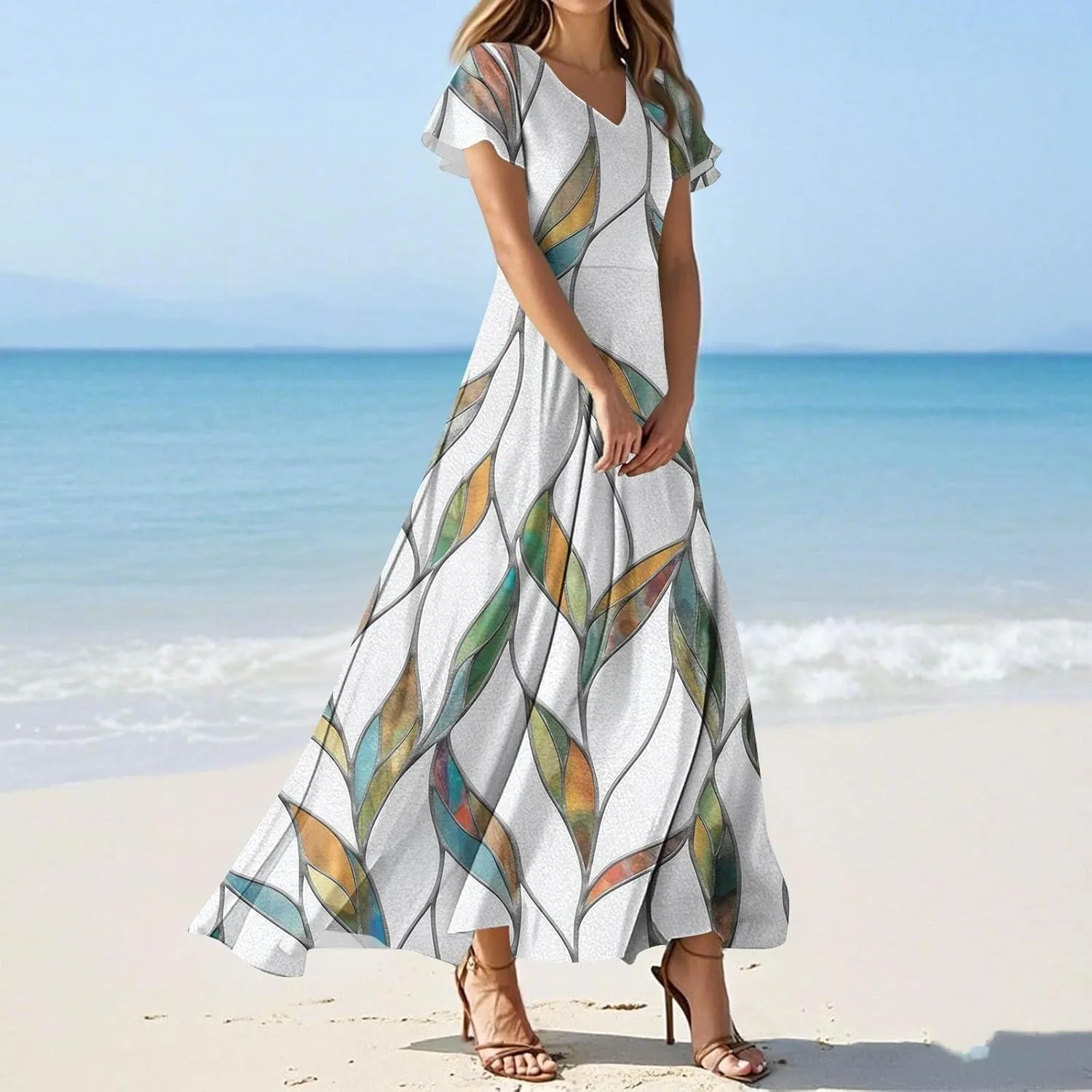 Summer Dresses for Women Floral A-Line Midi Dress Casual Short Sleeve V Neck Flowy Hawaiian Boho Beach Sundresses