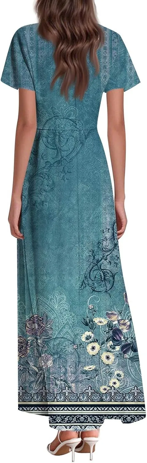 Summer Dresses for Women Floral A-Line Midi Dress Casual Short Sleeve V Neck Flowy Hawaiian Boho Beach Sundresses