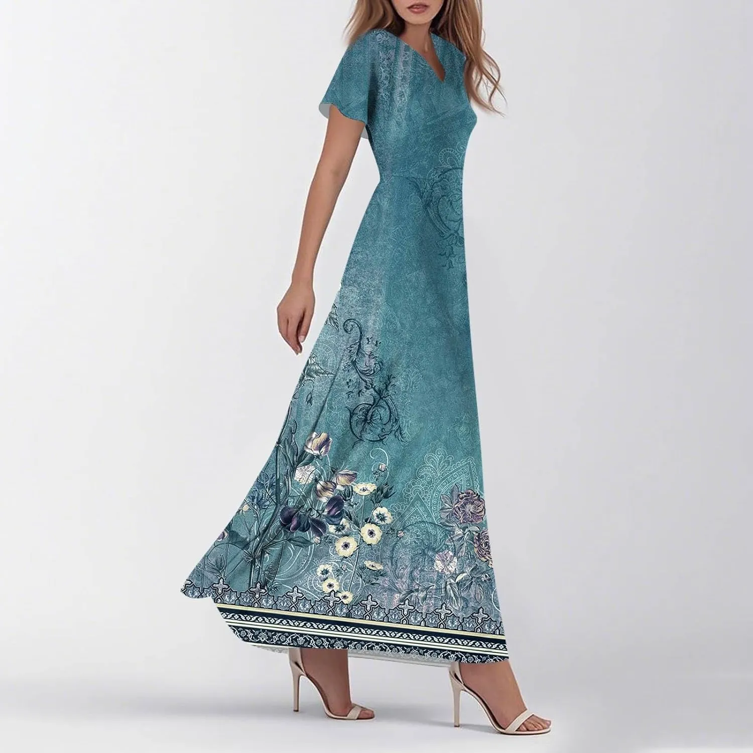 Summer Dresses for Women Floral A-Line Midi Dress Casual Short Sleeve V Neck Flowy Hawaiian Boho Beach Sundresses