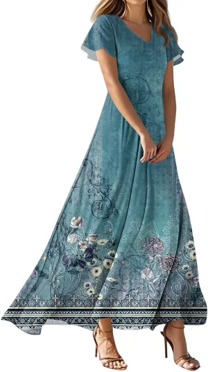 Summer Dresses for Women Floral A-Line Midi Dress Casual Short Sleeve V Neck Flowy Hawaiian Boho Beach Sundresses