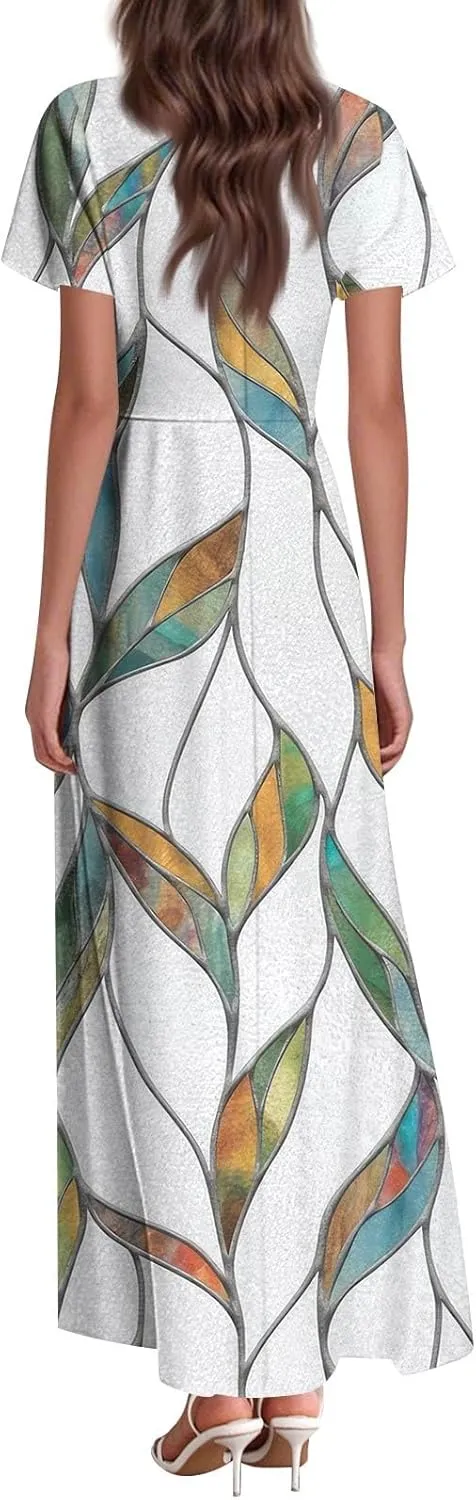 Summer Dresses for Women Floral A-Line Midi Dress Casual Short Sleeve V Neck Flowy Hawaiian Boho Beach Sundresses