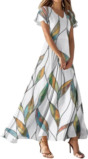 Summer Dresses for Women Floral A-Line Midi Dress Casual Short Sleeve V Neck Flowy Hawaiian Boho Beach Sundresses
