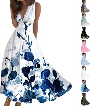 Summer Dresses for Women,Womens Elegant Wrap Deep V Neck Sleeveless Maxi Dress Flowy Beach Vacation Boho Sundresses