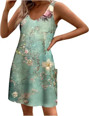 Summer Shirt Dresses Women Beach Boho Sleeveless Mini Dress Vintage Floral Flowy Tank Sundresses Swimwear Cover Up