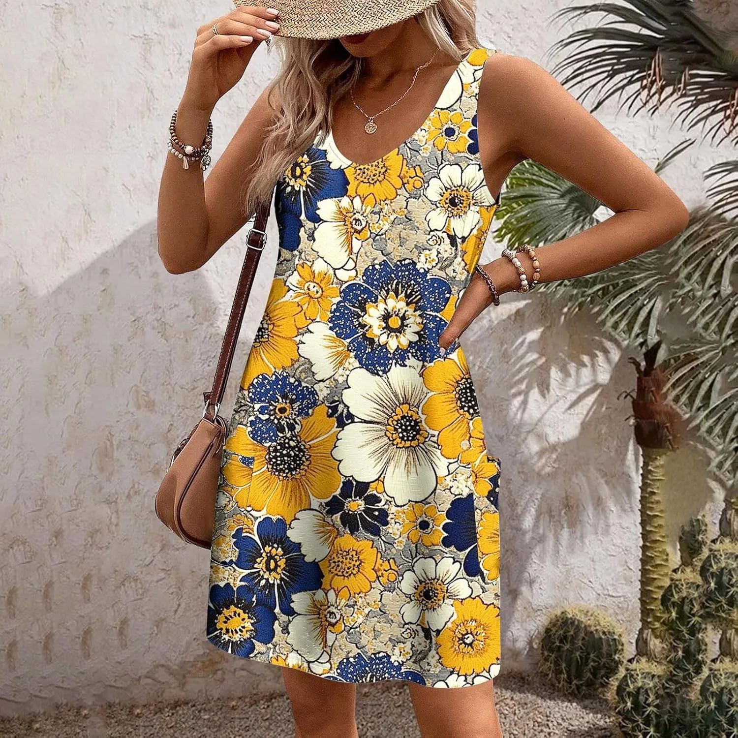 Summer Shirt Dresses Women Beach Boho Sleeveless Mini Dress Vintage Floral Flowy Tank Sundresses Swimwear Cover Up