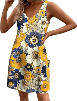 Summer Shirt Dresses Women Beach Boho Sleeveless Mini Dress Vintage Floral Flowy Tank Sundresses Swimwear Cover Up