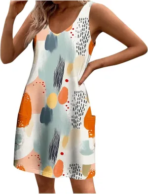 Summer Shirt Dresses Women Beach Boho Sleeveless Mini Dress Vintage Floral Flowy Tank Sundresses Swimwear Cover Up