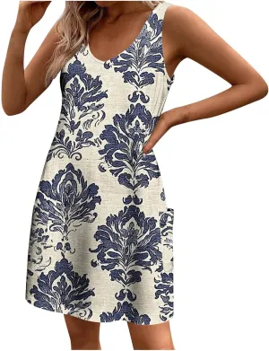 Summer Shirt Dresses Women Beach Boho Sleeveless Mini Dress Vintage Floral Flowy Tank Sundresses Swimwear Cover Up