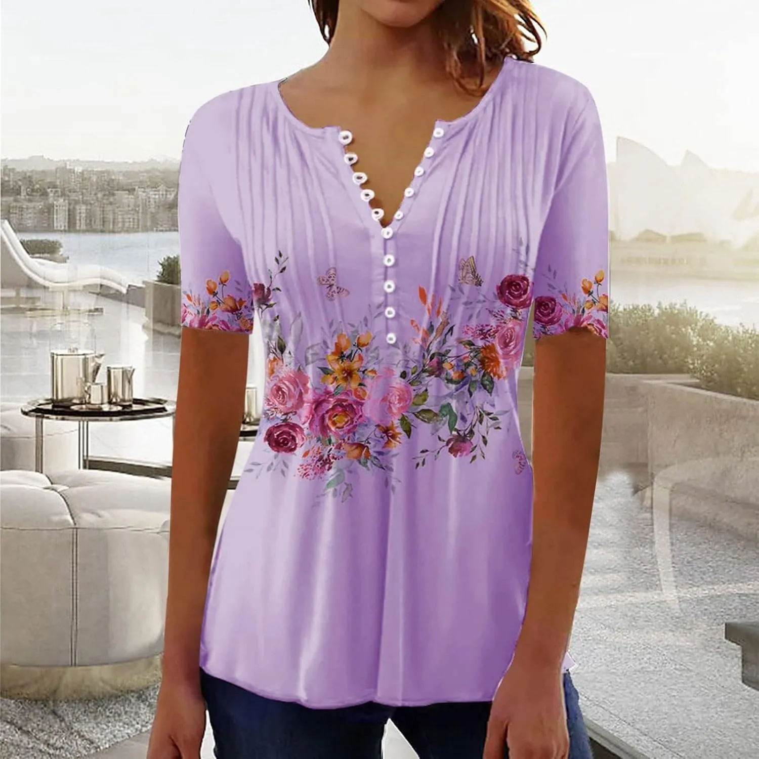 Summer Tops for Women 2025 Trendy Boho Floral Tunic Shirts Short Sleeve Button V Neck Tee Dressy Casual Loose Blouses