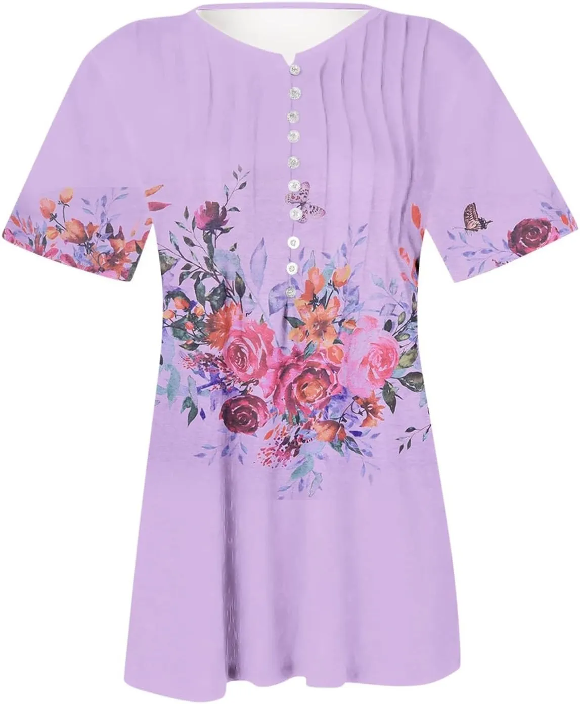 Summer Tops for Women 2025 Trendy Boho Floral Tunic Shirts Short Sleeve Button V Neck Tee Dressy Casual Loose Blouses