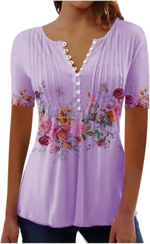 Summer Tops for Women 2025 Trendy Boho Floral Tunic Shirts Short Sleeve Button V Neck Tee Dressy Casual Loose Blouses