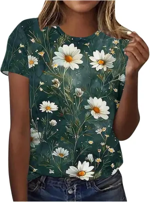 Summer Tops for Women 2025 Trendy Short Sleeve Boho Shirts Retro Floral Graphic Tees Plus Size Casual Crew Neck Tshirt