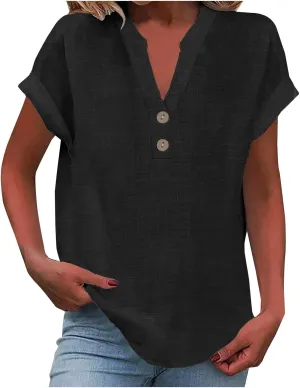Summer Tops for Women 2025 Trendy Short Sleeve Cotton Linen Tops Button up Henley V Neck Shirts Vacation Beach Clothes