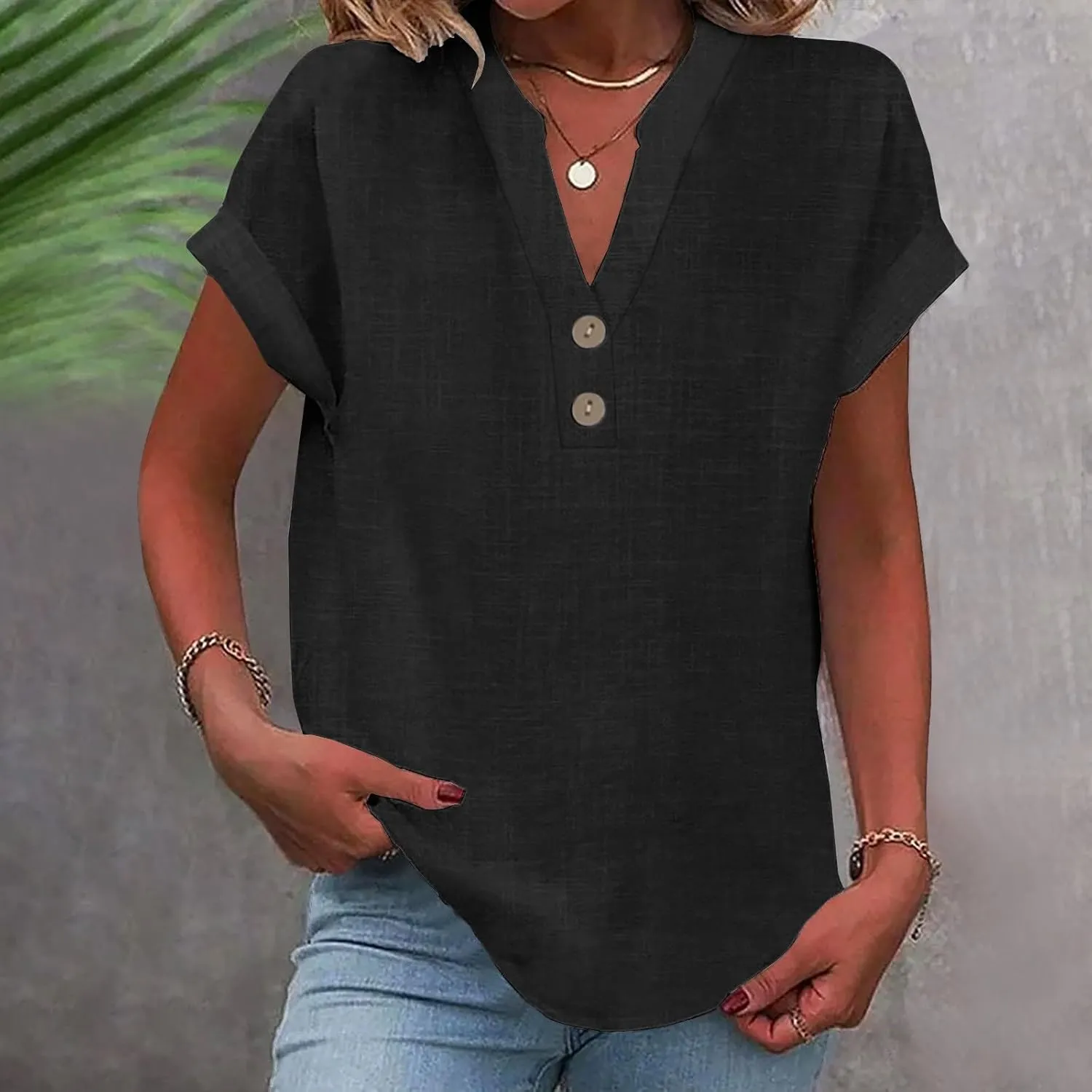 Summer Tops for Women 2025 Trendy Short Sleeve Cotton Linen Tops Button up Henley V Neck Shirts Vacation Beach Clothes