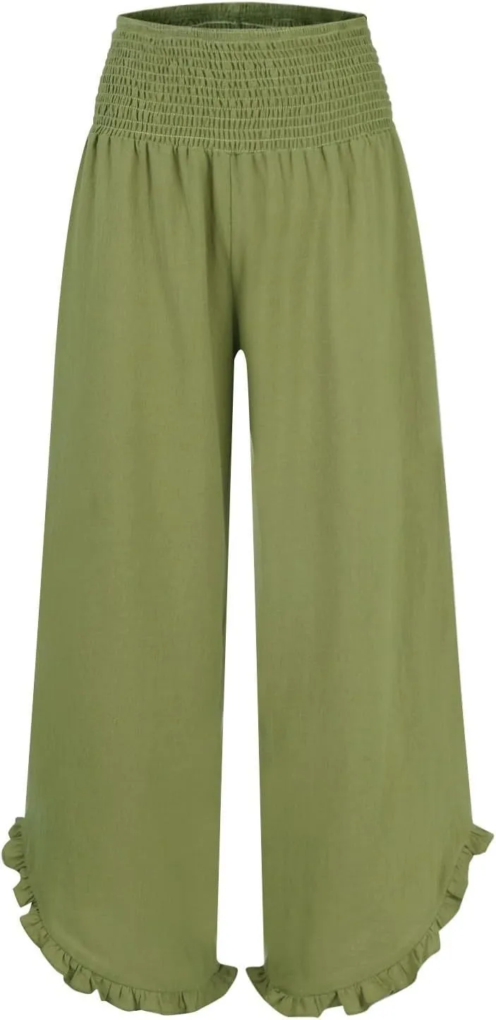 Summer Womens Plus Size Pants Dressy Casual Linen Wide Leg Elastic Waist Palazzo Pants Comfy Smocked Ruffle Hem Trousers