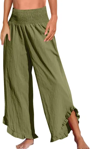 Summer Womens Plus Size Pants Dressy Casual Linen Wide Leg Elastic Waist Palazzo Pants Comfy Smocked Ruffle Hem Trousers