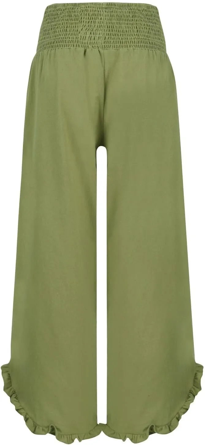 Summer Womens Plus Size Pants Dressy Casual Linen Wide Leg Elastic Waist Palazzo Pants Comfy Smocked Ruffle Hem Trousers