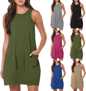 Sundresses for Women 2024 Casual Sleeveless Summer Tank Dress with Pockets Boho Beach Dress Vacation Swing Mini Dress