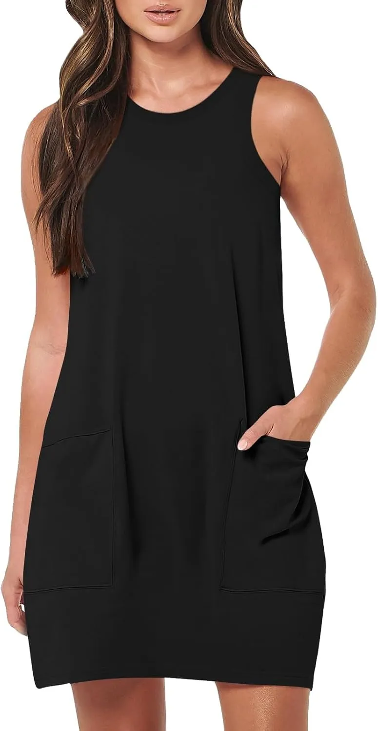 Sundresses for Women 2024 Casual Sleeveless Summer Tank Dress with Pockets Boho Beach Dress Vacation Swing Mini Dress