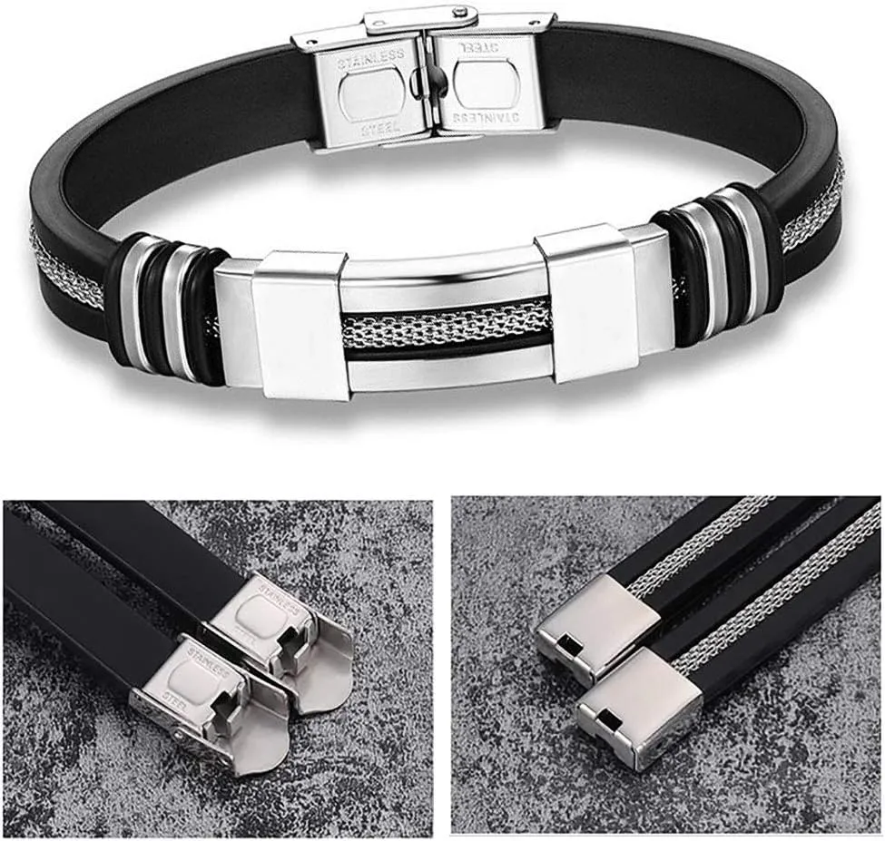Suyi Men's Adjustable Bracelet Silicone Wrap Bracelet Stainless Steel Cuff Bracelet