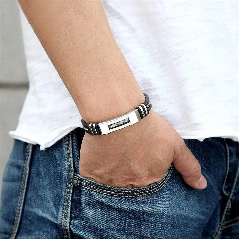 Suyi Men's Adjustable Bracelet Silicone Wrap Bracelet Stainless Steel Cuff Bracelet