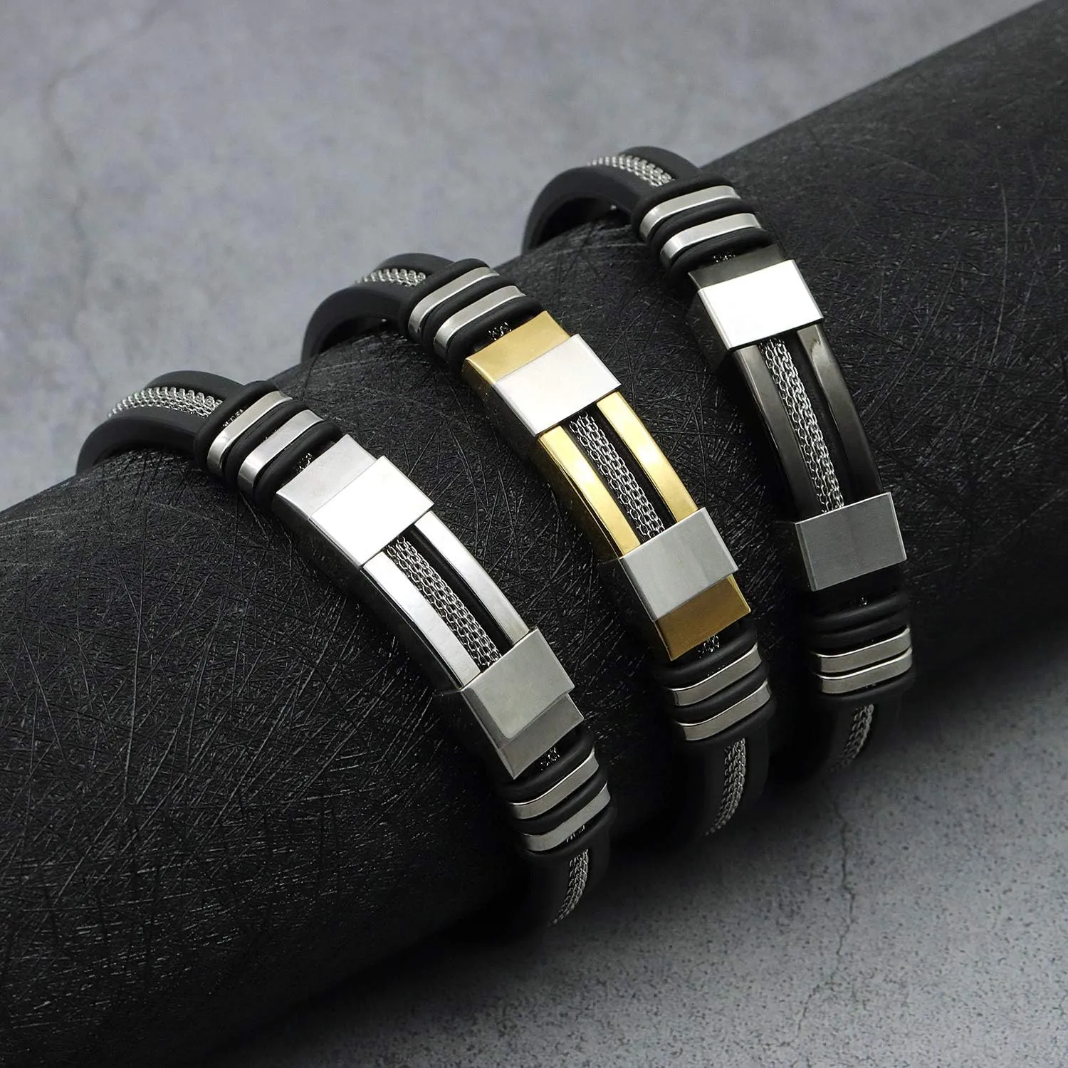 Suyi Men's Adjustable Bracelet Silicone Wrap Bracelet Stainless Steel Cuff Bracelet