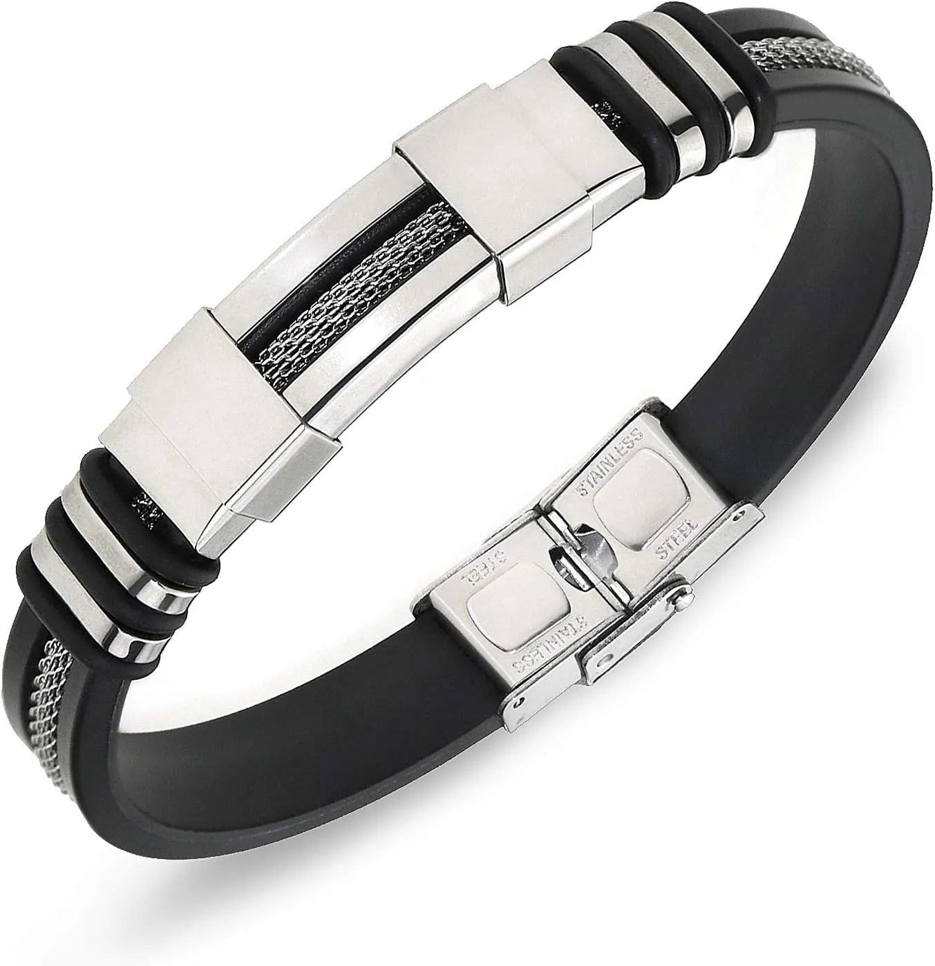 Suyi Men's Adjustable Bracelet Silicone Wrap Bracelet Stainless Steel Cuff Bracelet