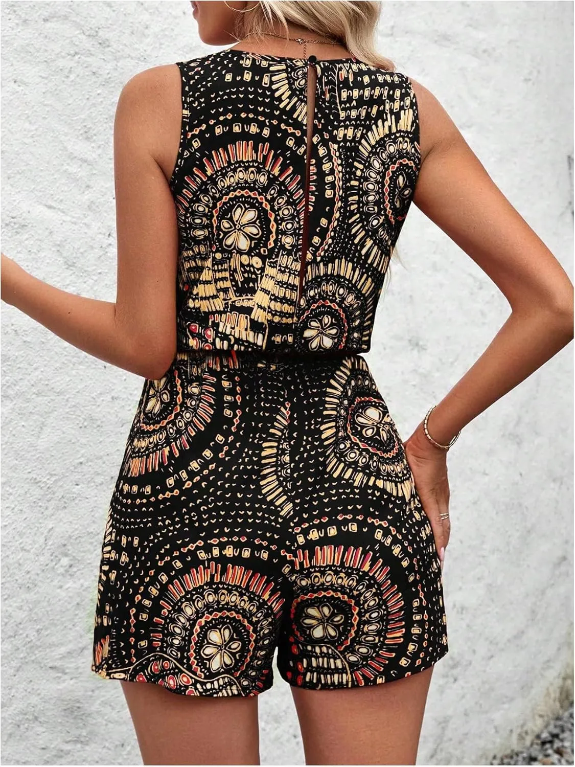 SweatyRocks Women's Boho Floral Print Sleeveless Romper Crewneck Tie Short Jumpsuits