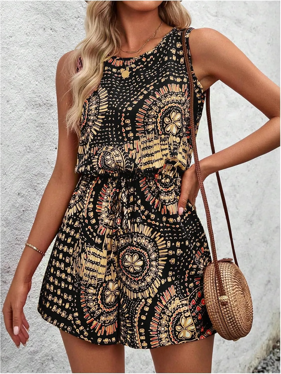SweatyRocks Women's Boho Floral Print Sleeveless Romper Crewneck Tie Short Jumpsuits