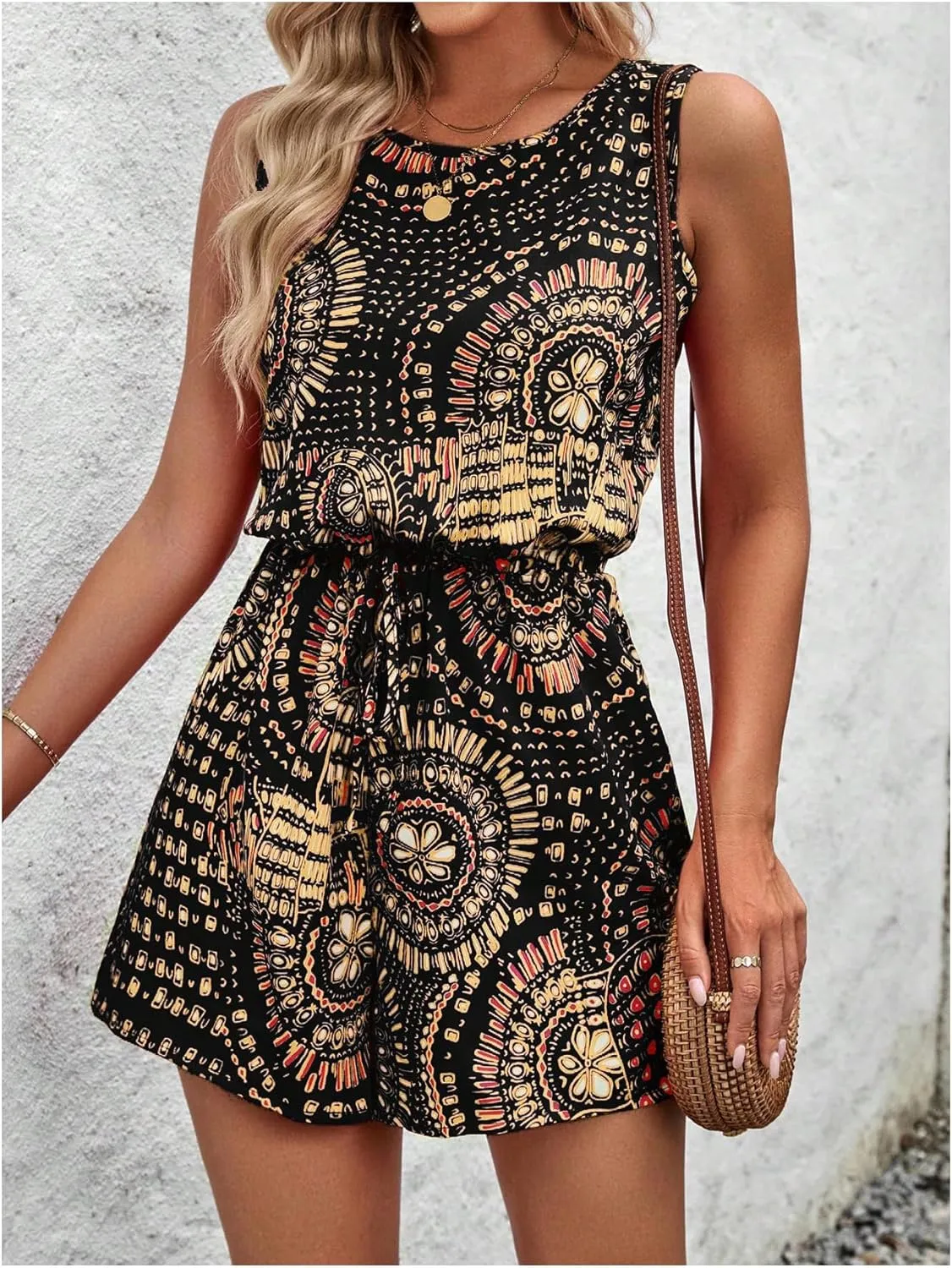 SweatyRocks Women's Boho Floral Print Sleeveless Romper Crewneck Tie Short Jumpsuits