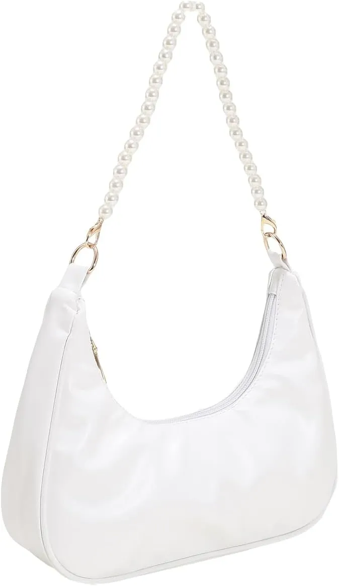 SweatyRocks Women's Pearls Chain Top Handle Shoulder Bags PU Leather Zipper Hobo Bags Clutch Purses