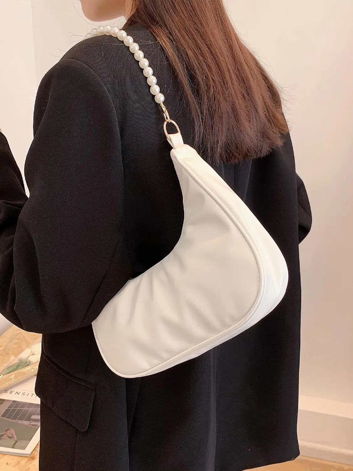 SweatyRocks Women's Pearls Chain Top Handle Shoulder Bags PU Leather Zipper Hobo Bags Clutch Purses