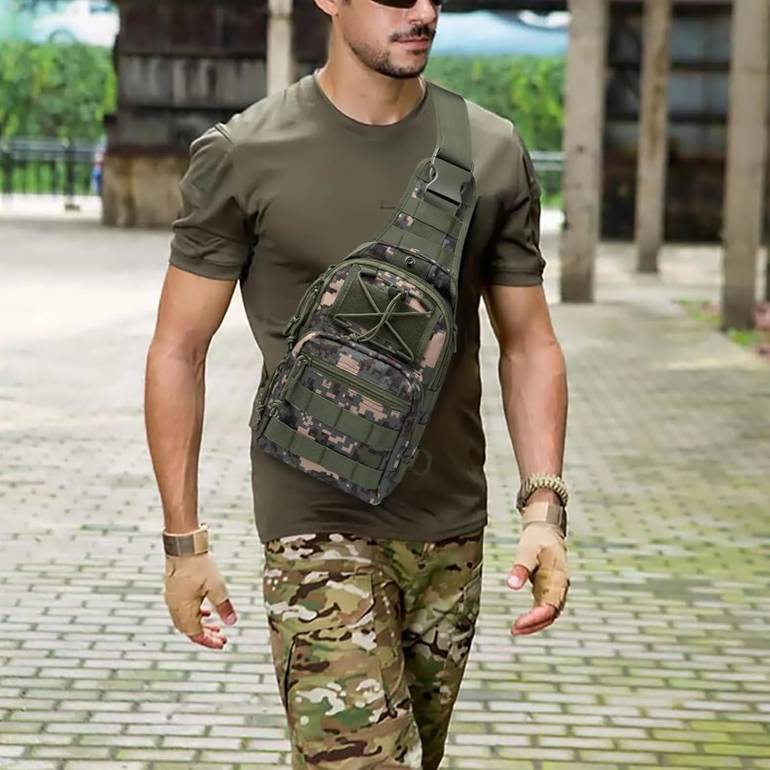 Tactical Sling Bag, Military Sport Bag Pack Sling Shoulder Backpack Outdoor Chest Pack Molle Crossbody Bag for Men Travel,Trekking,Camping,Hiking,Camping, 4.7 L, Camouflage