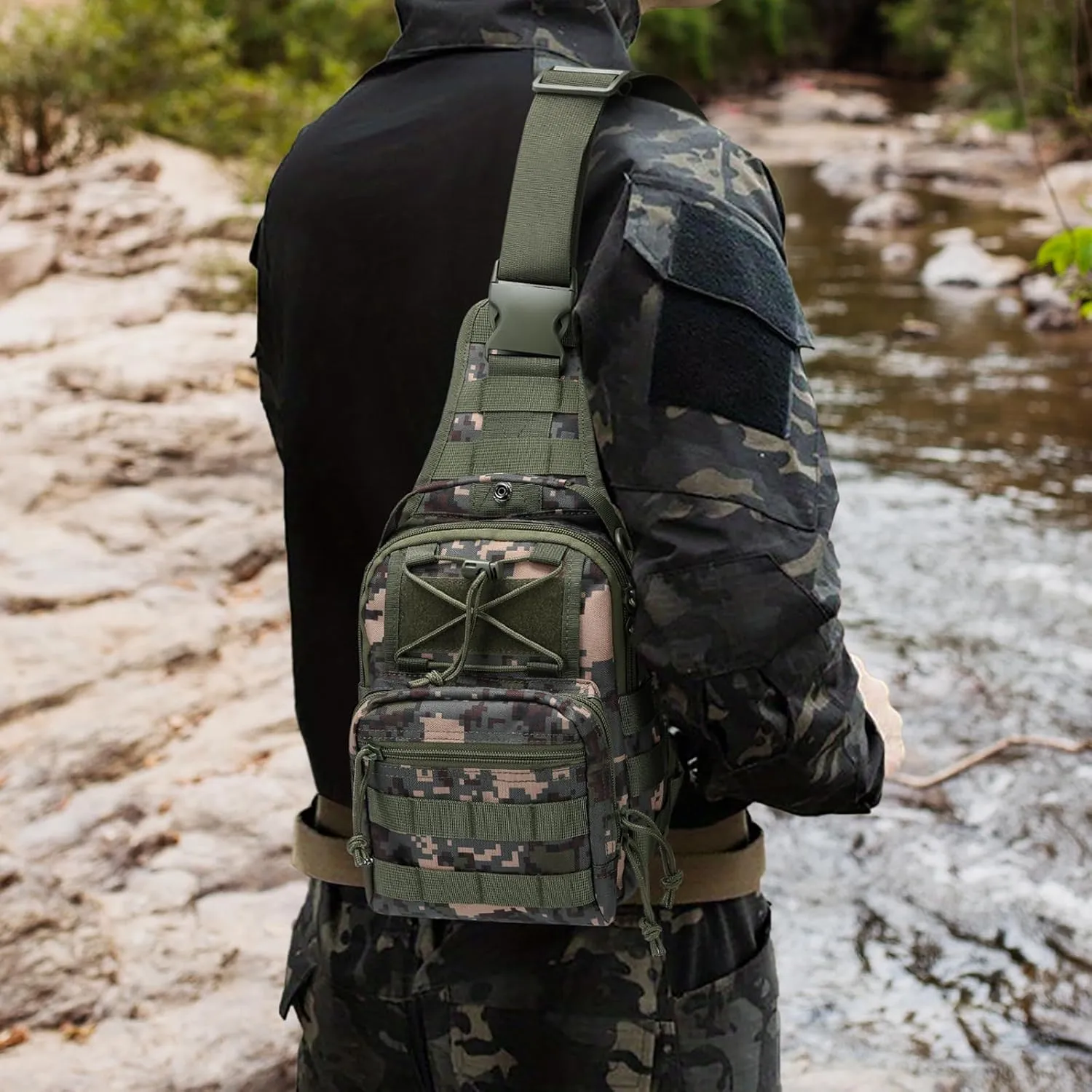Tactical Sling Bag, Military Sport Bag Pack Sling Shoulder Backpack Outdoor Chest Pack Molle Crossbody Bag for Men Travel,Trekking,Camping,Hiking,Camping, 4.7 L, Camouflage