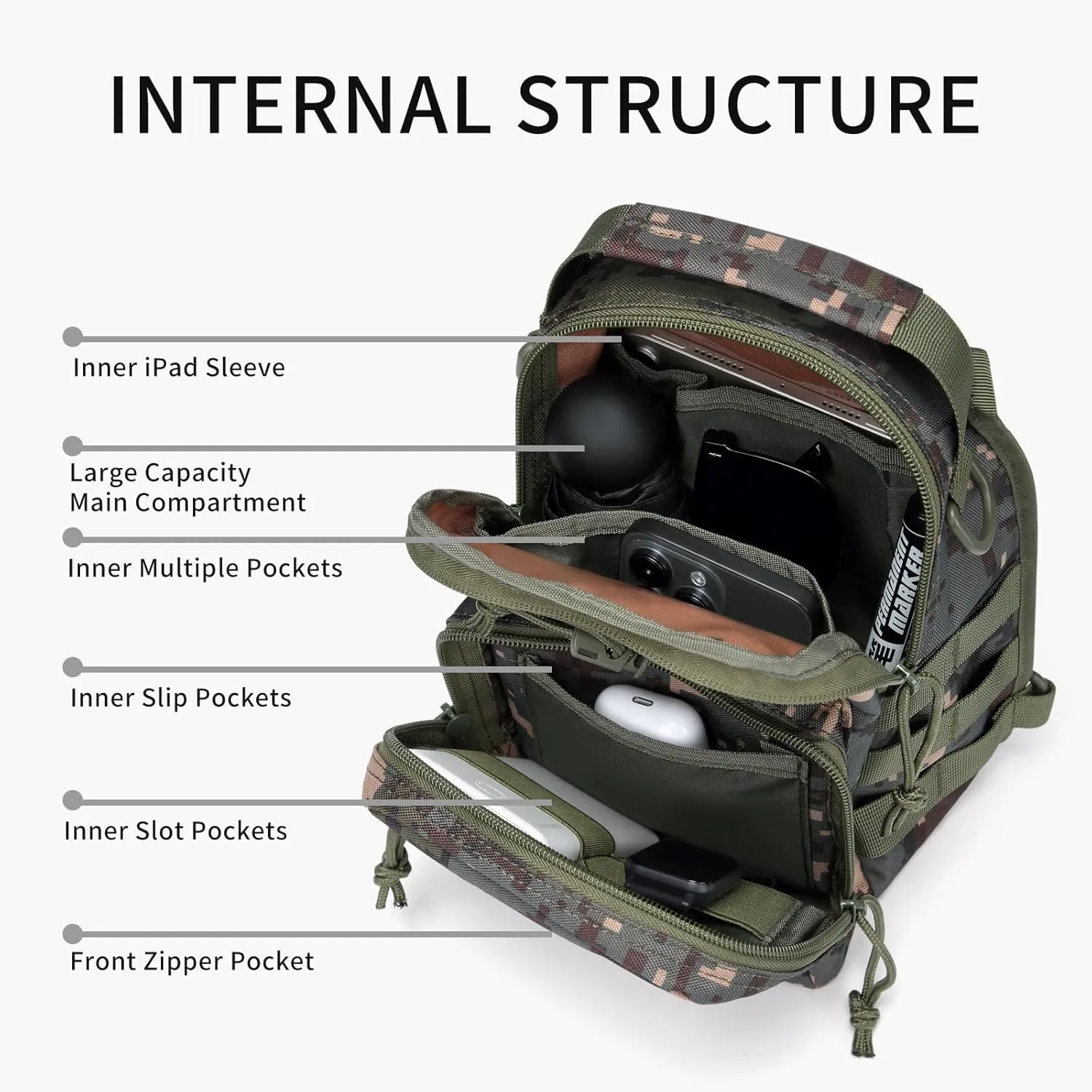 Tactical Sling Bag, Military Sport Bag Pack Sling Shoulder Backpack Outdoor Chest Pack Molle Crossbody Bag for Men Travel,Trekking,Camping,Hiking,Camping, 4.7 L, Camouflage
