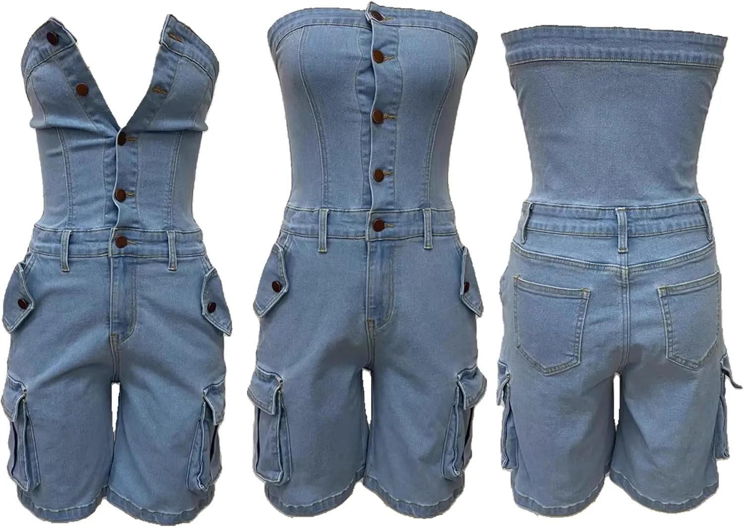 Tbahhir Denim Jumpsuit for Women Sexy Sleeveless Cargo Shorts Jean Rompers Button Down One Piece Outfit with Pockets