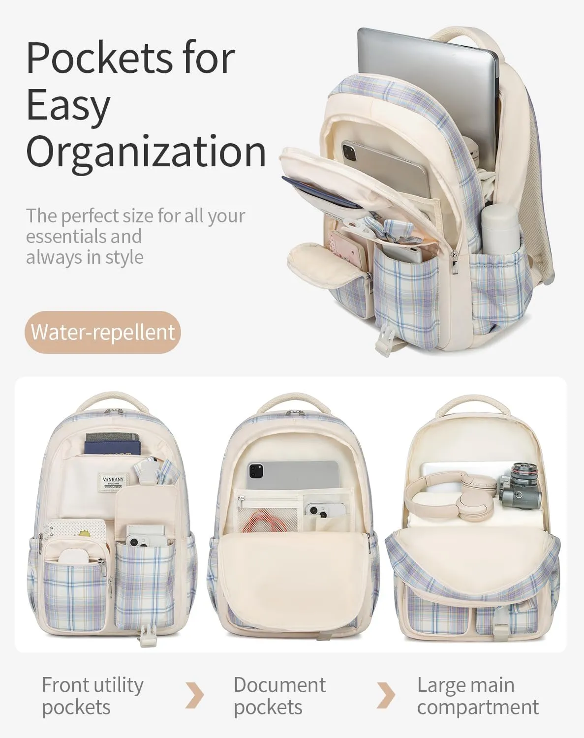 Teen Girl School Backpack, Cute Bookbag with Laptop Compartment for Big Student Women College Mochilas Escolares para Nias (Beige)