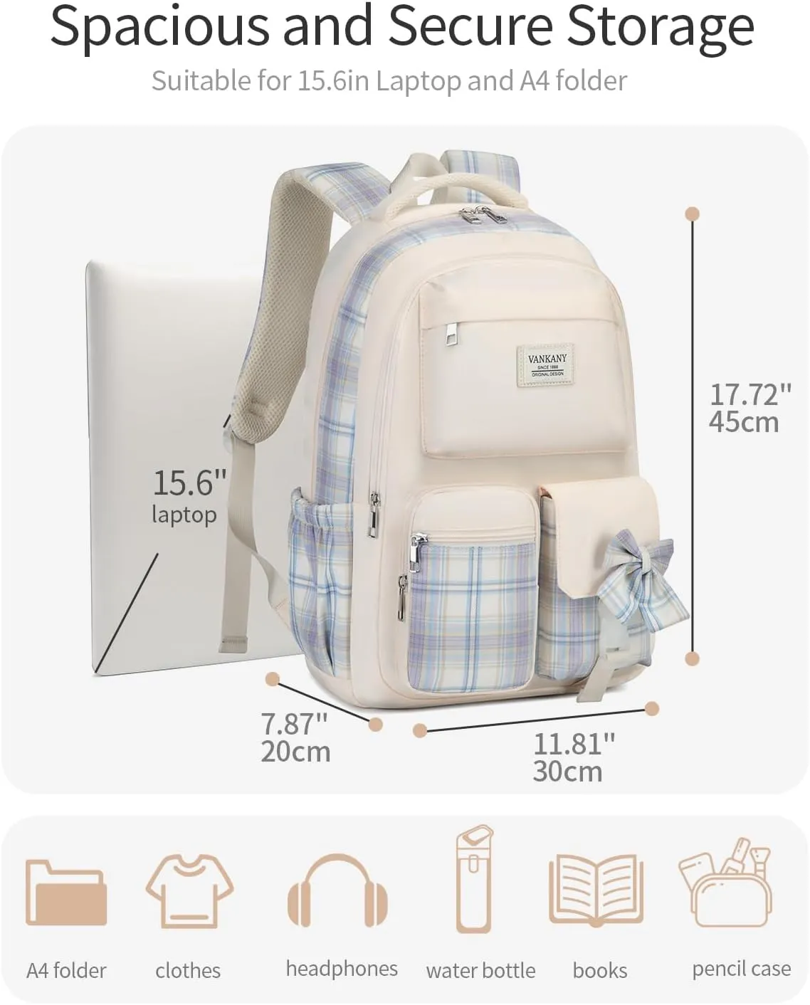 Teen Girl School Backpack, Cute Bookbag with Laptop Compartment for Big Student Women College Mochilas Escolares para Nias (Beige)