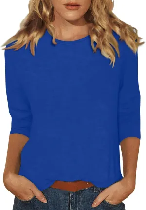 Three Quarter Sleeve Tops Woman Crewneck Cute Shirts Casual Trendy Print Blouses Length T Shirt 2024