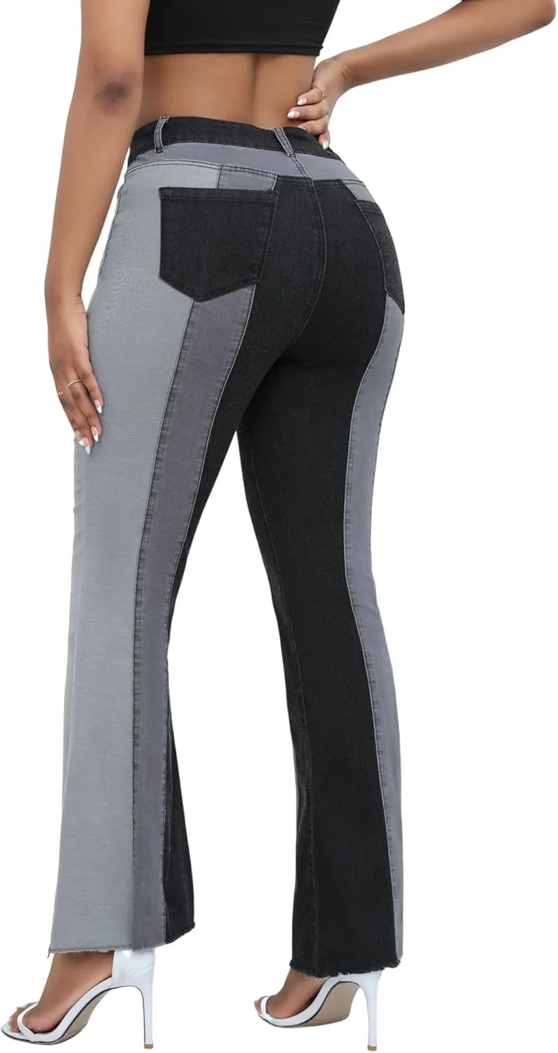 THUNDER STAR Women Patchwork Flare Jeans Stretch High Waisted Bell Bottom Raw Hem Denim Pants