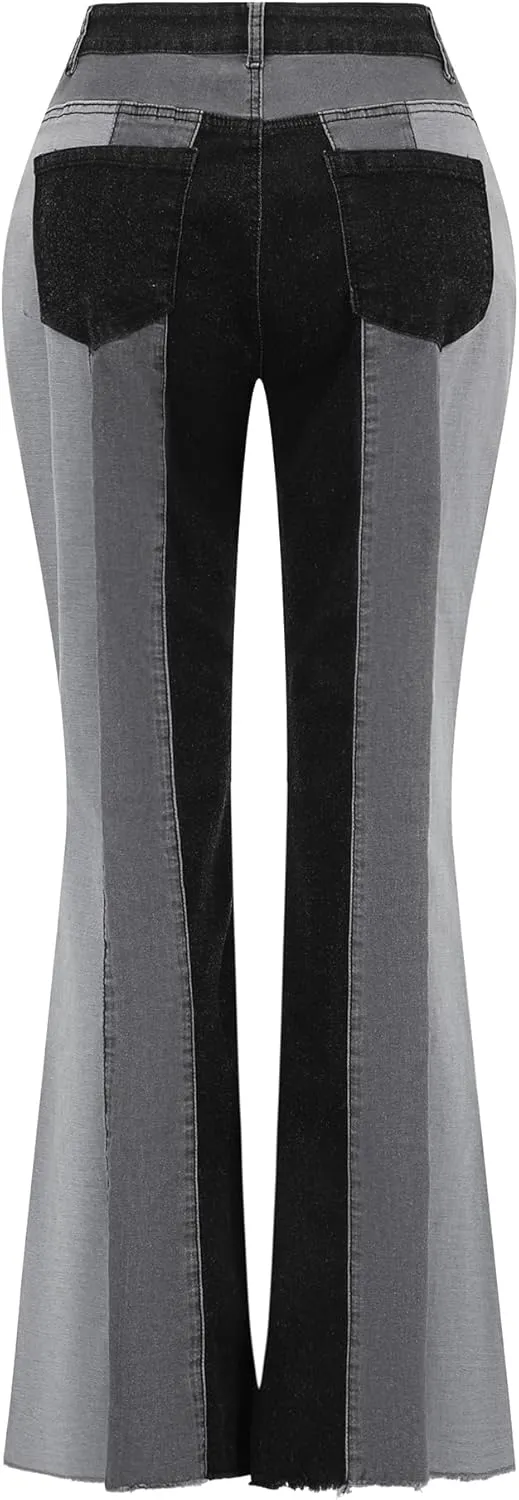 THUNDER STAR Women Patchwork Flare Jeans Stretch High Waisted Bell Bottom Raw Hem Denim Pants
