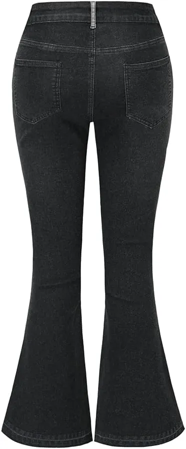 THUNDER STAR Women Patchwork Flare Jeans Stretch High Waisted Bell Bottom Raw Hem Denim Pants