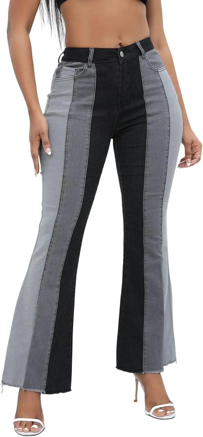 THUNDER STAR Women Patchwork Flare Jeans Stretch High Waisted Bell Bottom Raw Hem Denim Pants
