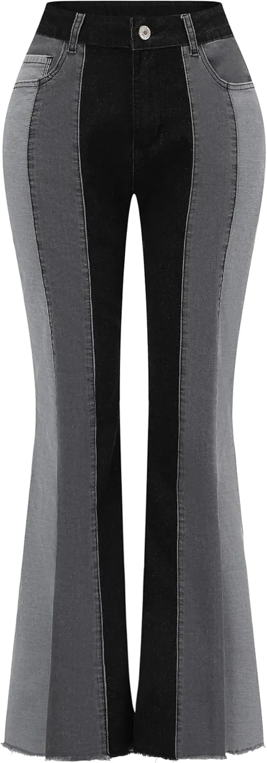 THUNDER STAR Women Patchwork Flare Jeans Stretch High Waisted Bell Bottom Raw Hem Denim Pants